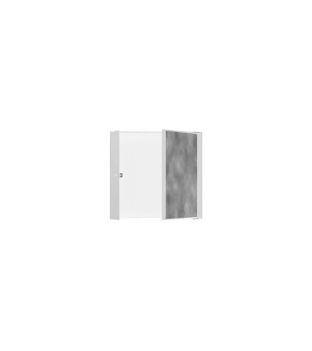 Wandnische von Hansgrohe mit Tür, die befliesbar ist. Das Design ist schlicht mit einer weißen Oberfläche und einer grauen, befliesbaren Fläche.